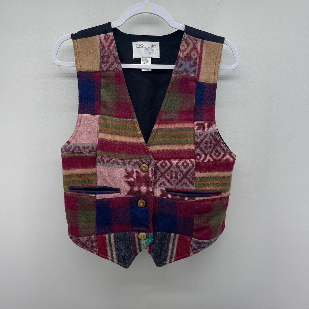 VTG Union Khaki‎ Patchwork Vest Womens Medium Wool Blend 90s Grunge